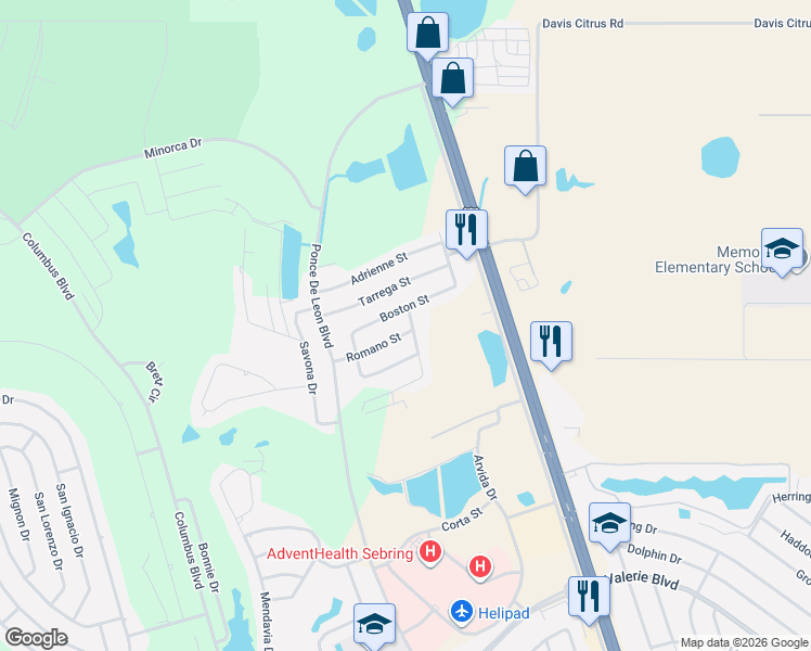 map of restaurants, bars, coffee shops, grocery stores, and more near Mendello Street in Sebring