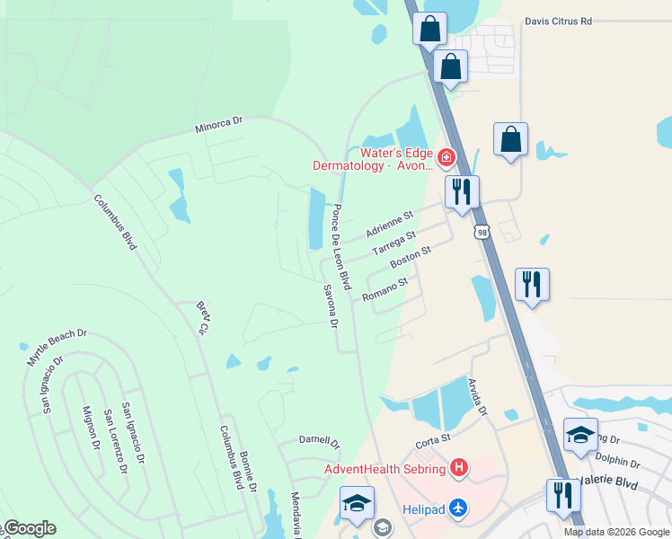 map of restaurants, bars, coffee shops, grocery stores, and more near 4755 Tarrega Street in Sebring