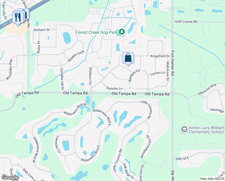 map of restaurants, bars, coffee shops, grocery stores, and more near 11843 Dunster Lane in Parrish