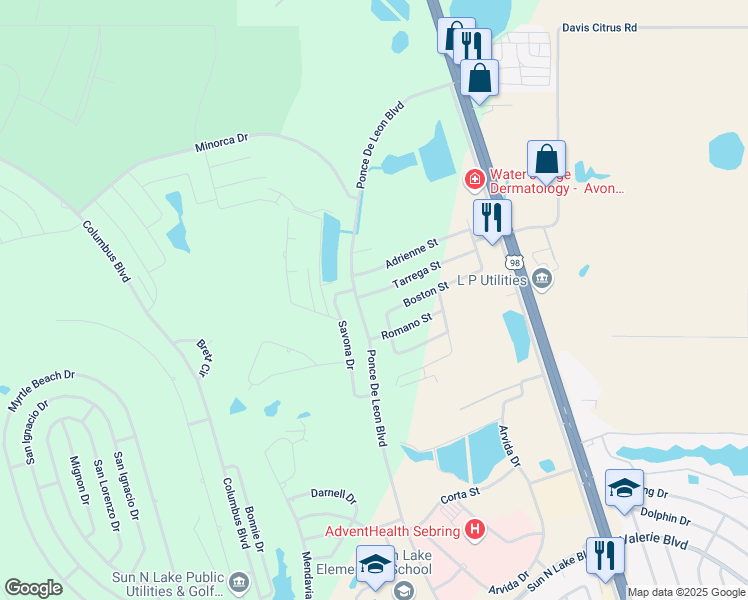 map of restaurants, bars, coffee shops, grocery stores, and more near 4755 Tarrega Street in Sebring