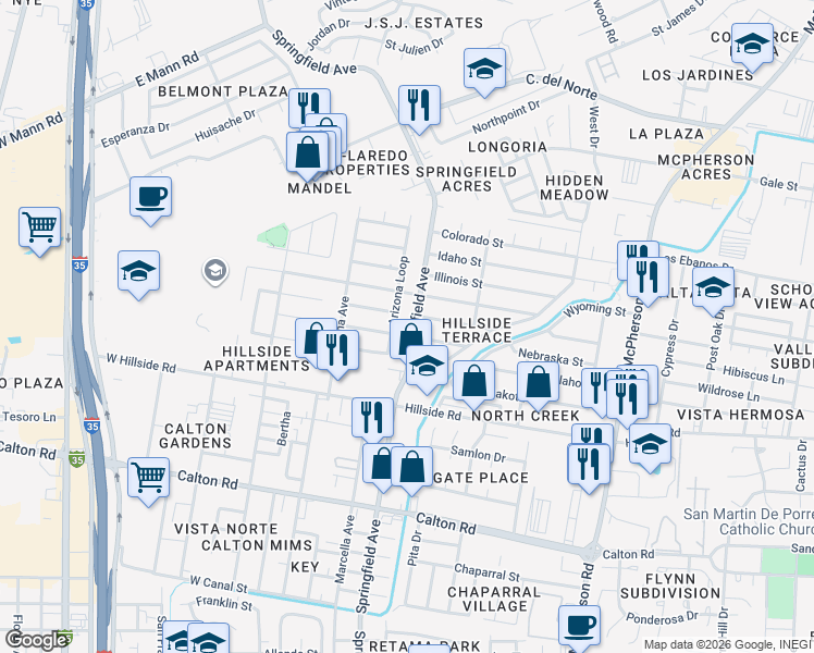 map of restaurants, bars, coffee shops, grocery stores, and more near 5920 Springfield Avenue in Laredo