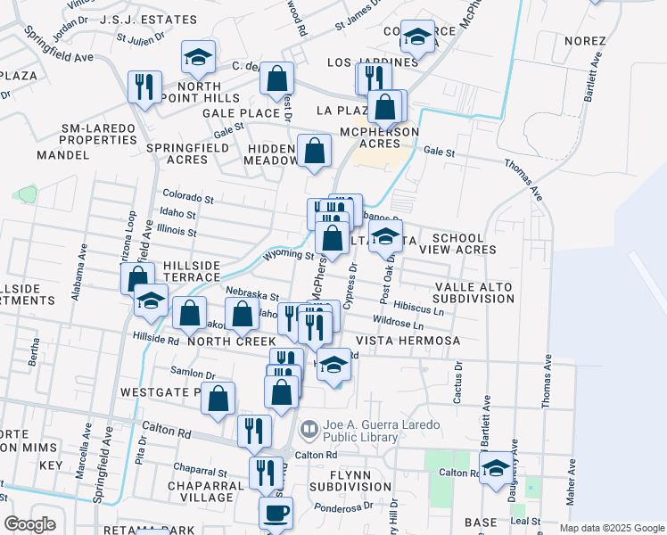 map of restaurants, bars, coffee shops, grocery stores, and more near 5501 McPherson Road in Laredo