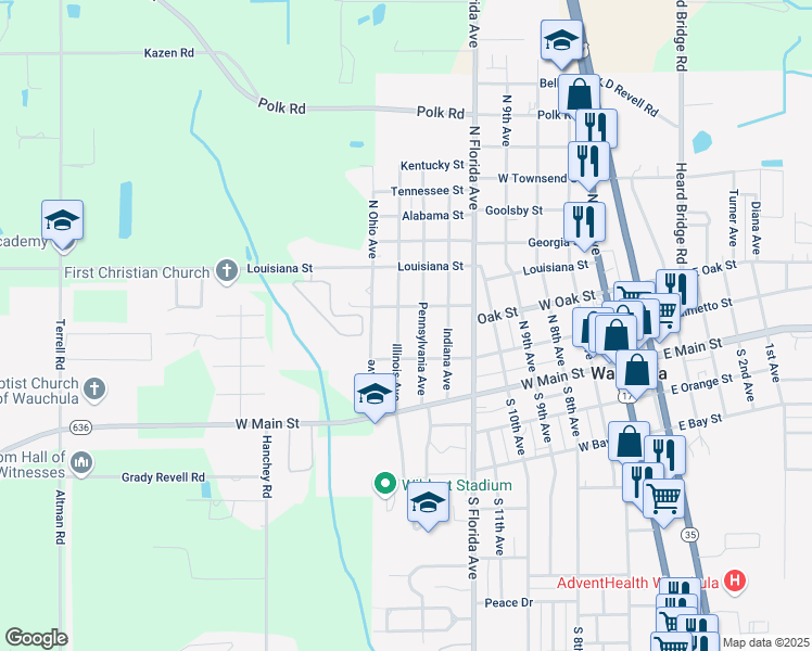 map of restaurants, bars, coffee shops, grocery stores, and more near 220 Illinois Avenue in Wauchula