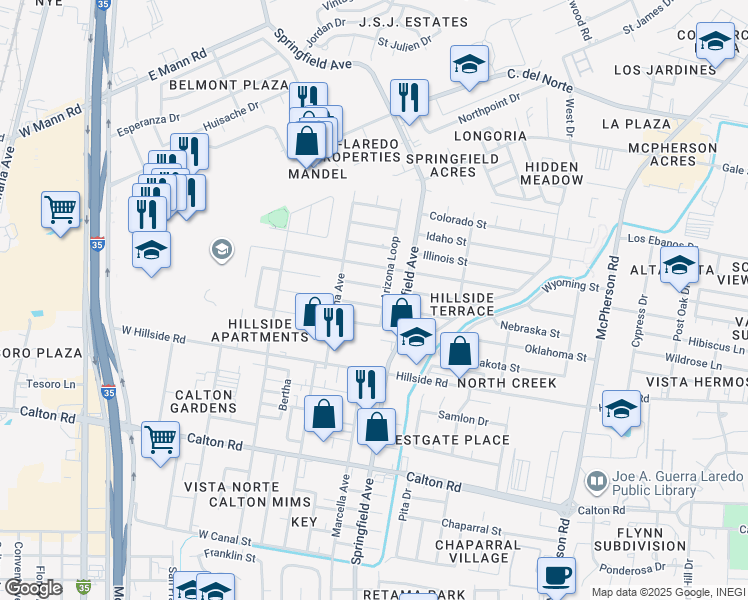 map of restaurants, bars, coffee shops, grocery stores, and more near 114 California Street in Laredo
