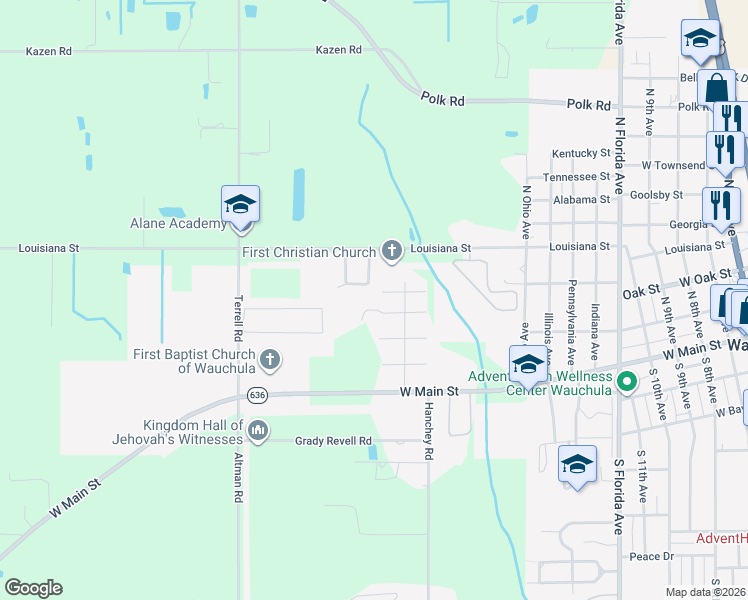 map of restaurants, bars, coffee shops, grocery stores, and more near 1510 Burton Street in Wauchula