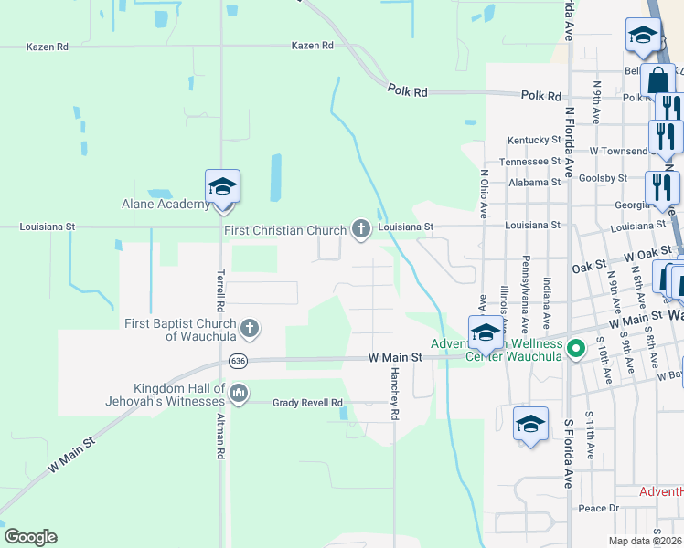 map of restaurants, bars, coffee shops, grocery stores, and more near 1510 Burton Street in Wauchula