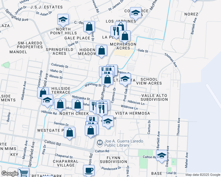 map of restaurants, bars, coffee shops, grocery stores, and more near 5501 McPherson Road in Laredo