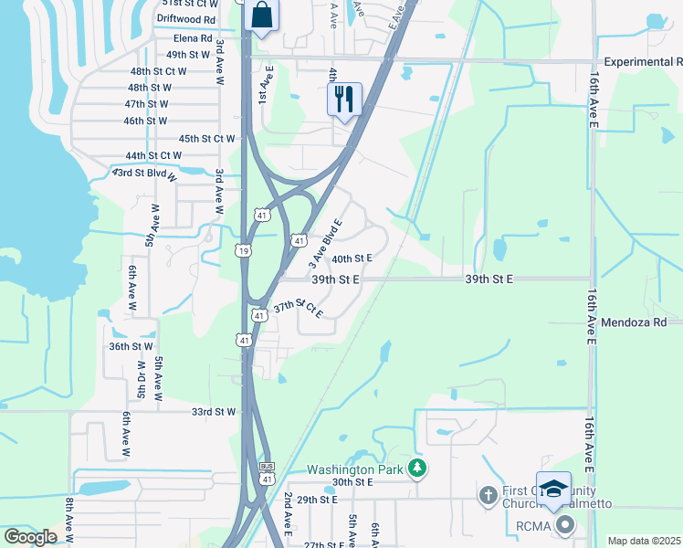 map of restaurants, bars, coffee shops, grocery stores, and more near 408 39th Street East in Palmetto