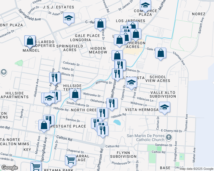 map of restaurants, bars, coffee shops, grocery stores, and more near 351 East Dakota in Laredo