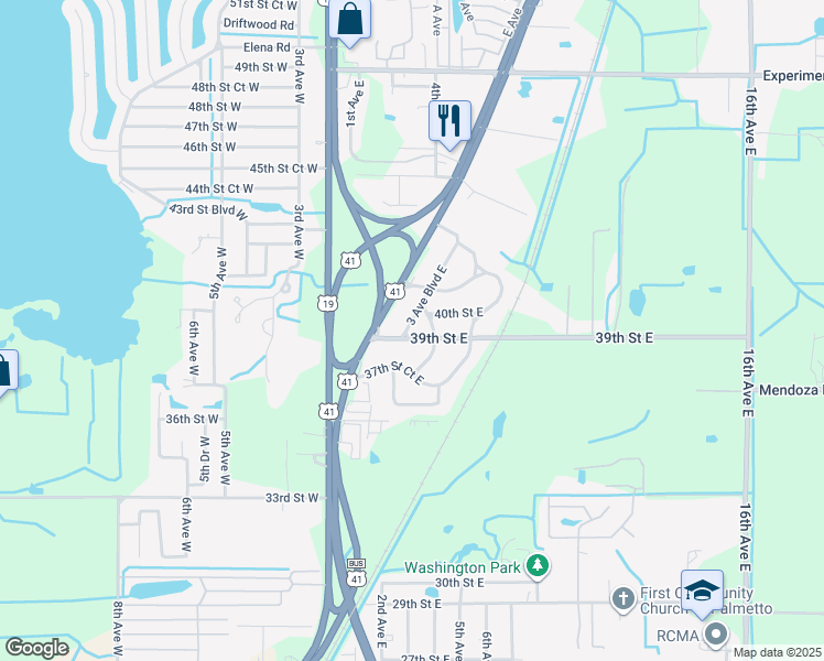 map of restaurants, bars, coffee shops, grocery stores, and more near 3906 3 Avenue Boulevard East in Palmetto