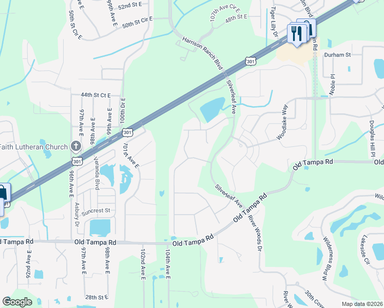 map of restaurants, bars, coffee shops, grocery stores, and more near 3911 Woodmont Drive in Parrish