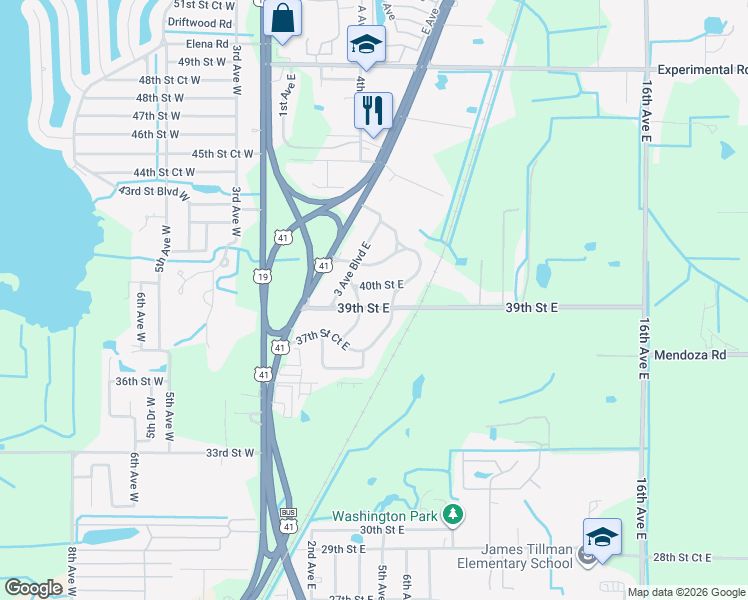 map of restaurants, bars, coffee shops, grocery stores, and more near 408 39th Street East in Palmetto