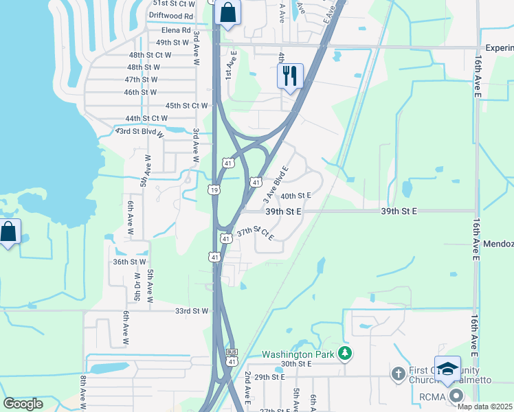 map of restaurants, bars, coffee shops, grocery stores, and more near 3906 3 Avenue Boulevard East in Palmetto