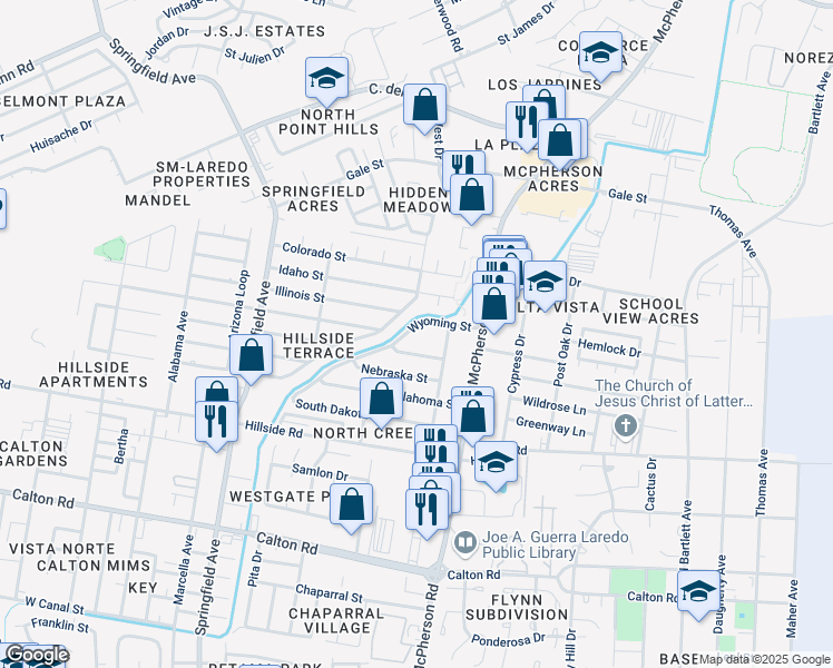 map of restaurants, bars, coffee shops, grocery stores, and more near 311 Wyoming Street in Laredo