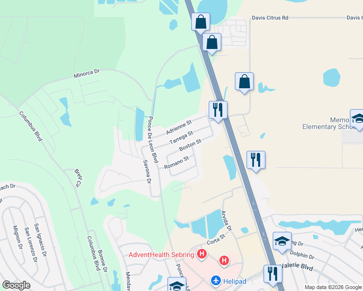 map of restaurants, bars, coffee shops, grocery stores, and more near 4512 Boston Street in Sebring