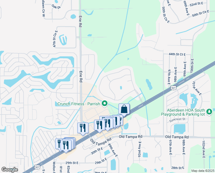 map of restaurants, bars, coffee shops, grocery stores, and more near 4003 90th Avenue East in Parrish