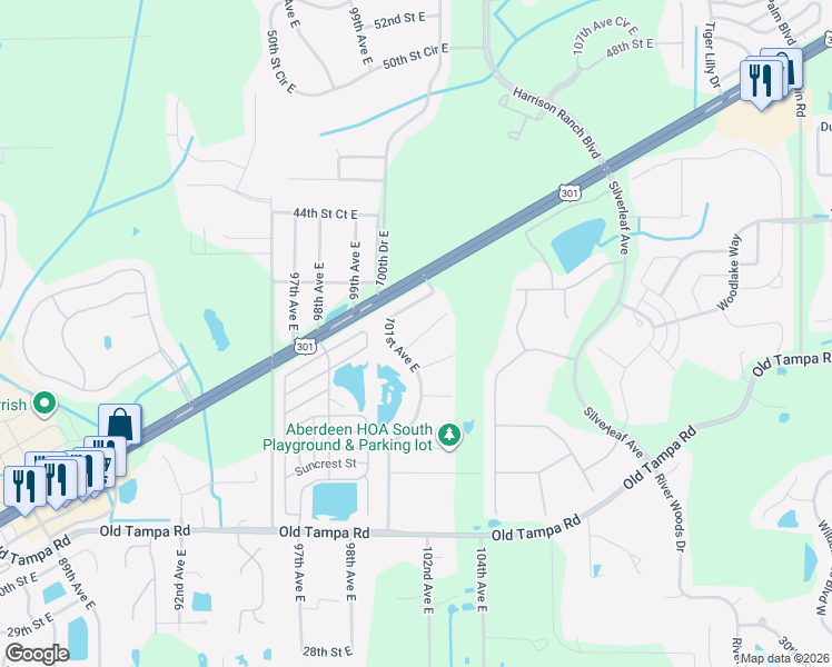 map of restaurants, bars, coffee shops, grocery stores, and more near 10104 41st Court East in Parrish