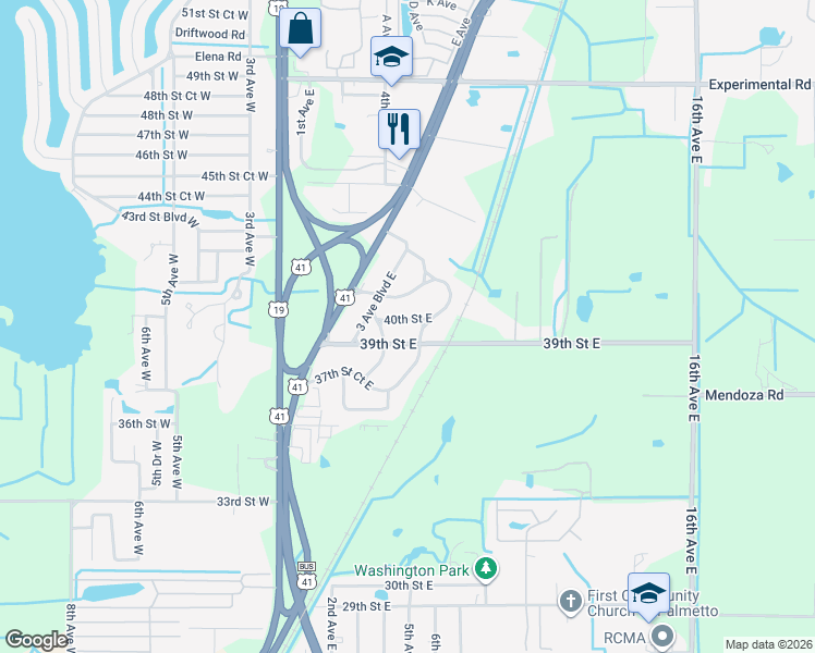 map of restaurants, bars, coffee shops, grocery stores, and more near 408 39th Street East in Palmetto