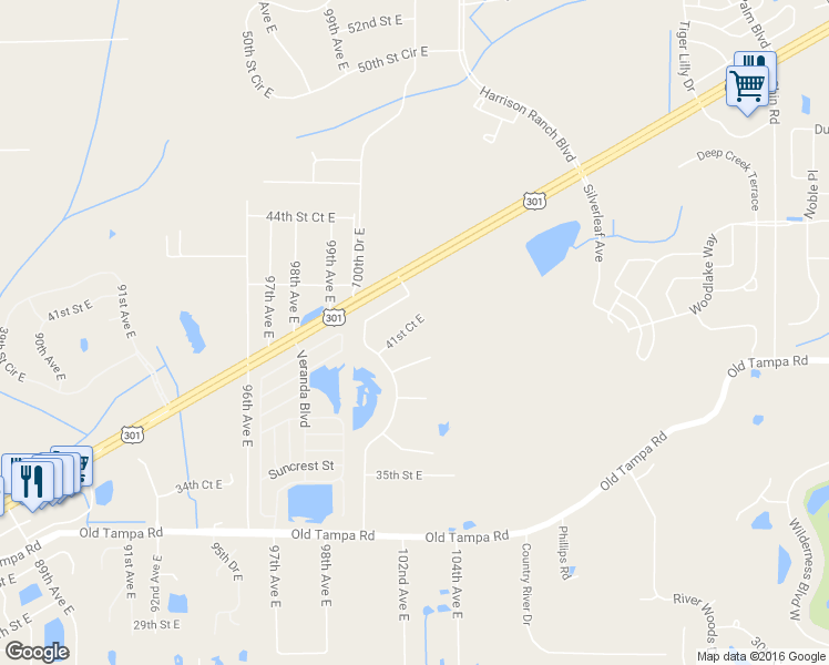 map of restaurants, bars, coffee shops, grocery stores, and more near 10215 41st Court East in Parrish