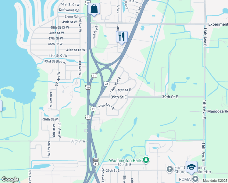 map of restaurants, bars, coffee shops, grocery stores, and more near 3906 3 Avenue Boulevard East in Palmetto