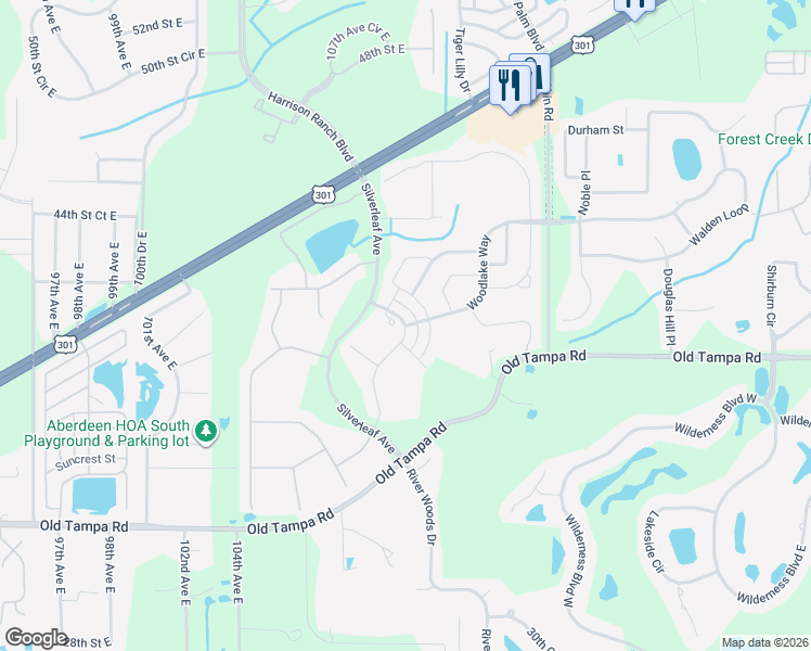 map of restaurants, bars, coffee shops, grocery stores, and more near 3510 Shimmering Oaks Drive in Parrish