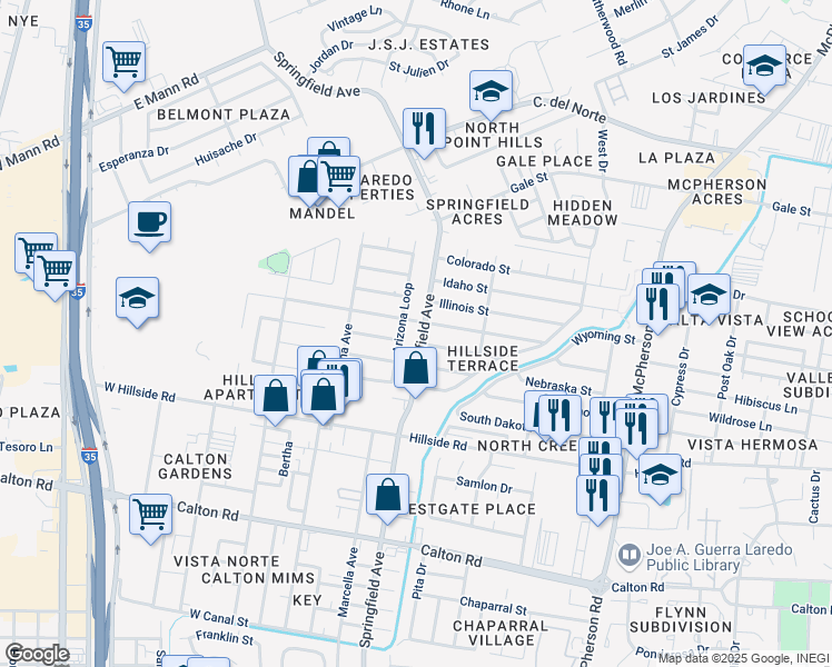 map of restaurants, bars, coffee shops, grocery stores, and more near 6004 Springfield Avenue in Laredo
