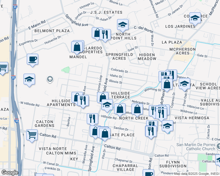 map of restaurants, bars, coffee shops, grocery stores, and more near 113 Indiana Street in Laredo