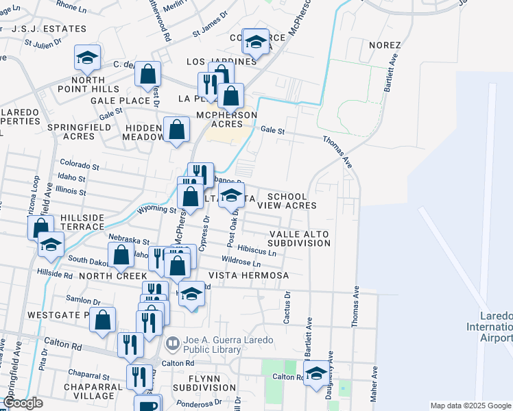 map of restaurants, bars, coffee shops, grocery stores, and more near 1419 Agave Drive in Laredo