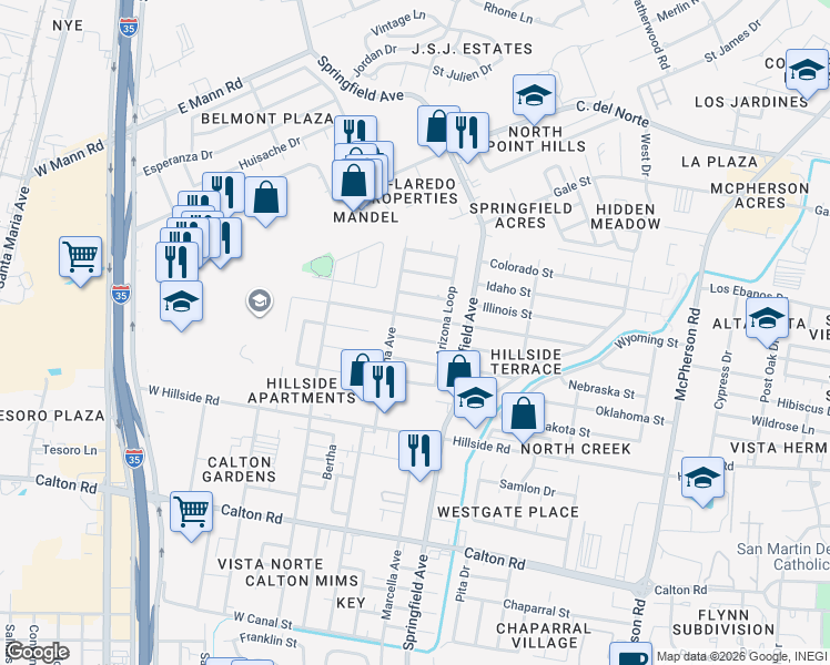 map of restaurants, bars, coffee shops, grocery stores, and more near 110 West Mayberry Street in Laredo