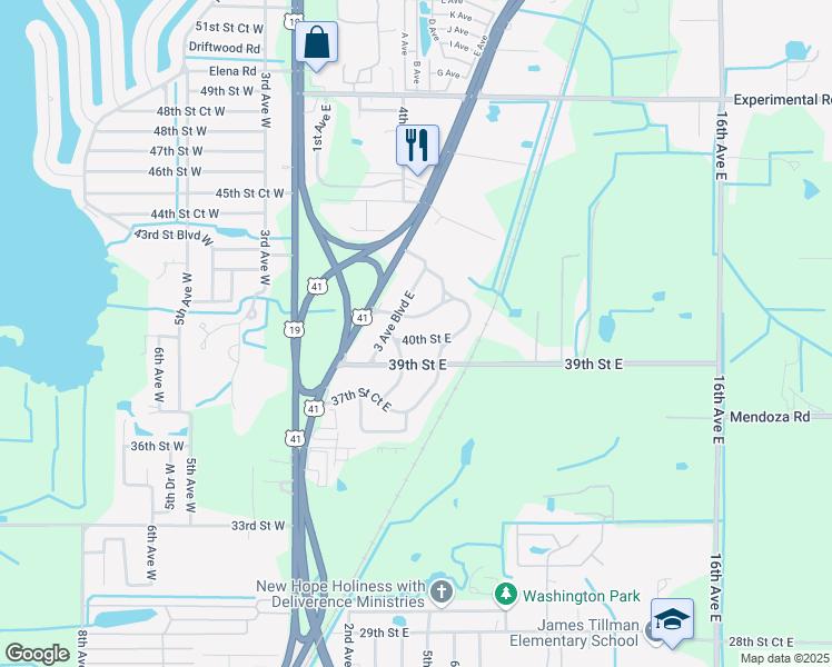 map of restaurants, bars, coffee shops, grocery stores, and more near 414 41st Street Boulevard East in Palmetto