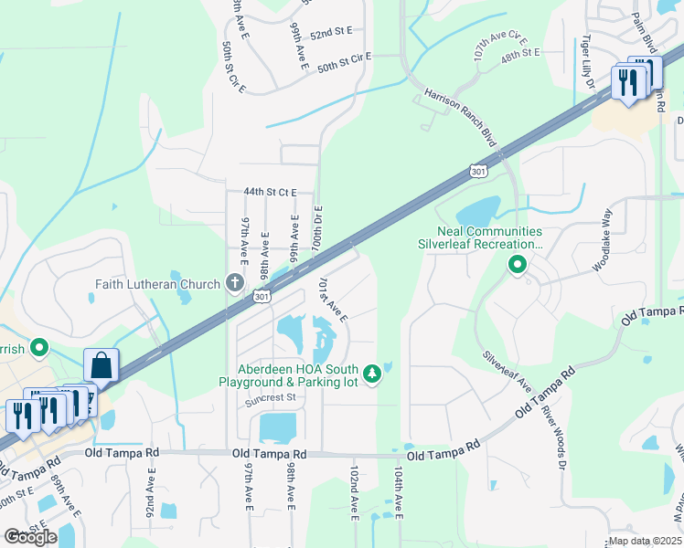 map of restaurants, bars, coffee shops, grocery stores, and more near 4168 101st Avenue East in Parrish