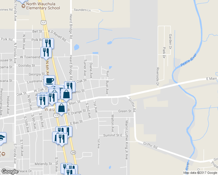 map of restaurants, bars, coffee shops, grocery stores, and more near 122 Rust Avenue in Wauchula