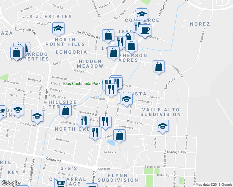 map of restaurants, bars, coffee shops, grocery stores, and more near 5899 Cypress Drive in Laredo