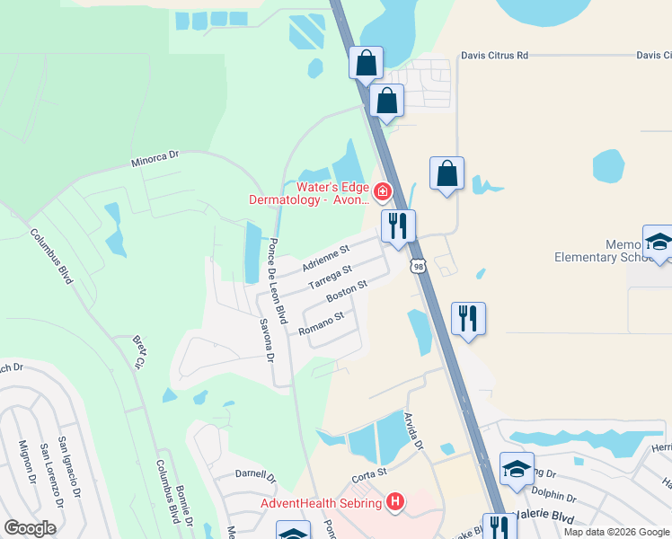 map of restaurants, bars, coffee shops, grocery stores, and more near 4548 Tarrega Street in Sebring