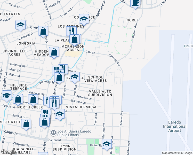 map of restaurants, bars, coffee shops, grocery stores, and more near 1440 Los Ebanos Drive in Laredo