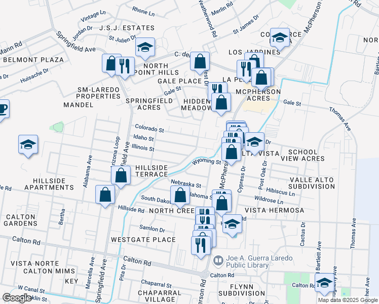 map of restaurants, bars, coffee shops, grocery stores, and more near 227 Idaho Street in Laredo