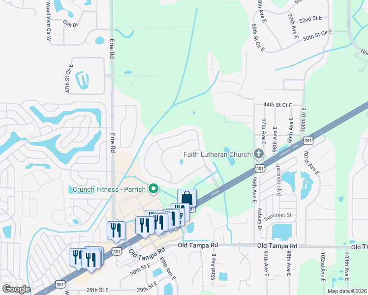 map of restaurants, bars, coffee shops, grocery stores, and more near 9035 41st Street East in Parrish
