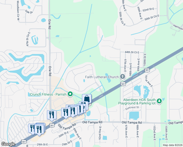 map of restaurants, bars, coffee shops, grocery stores, and more near 4011 91st Avenue East in Parrish