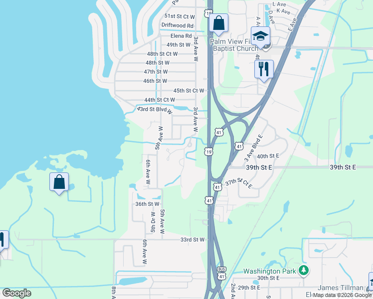 map of restaurants, bars, coffee shops, grocery stores, and more near 334 40th Street Circle West in Palmetto