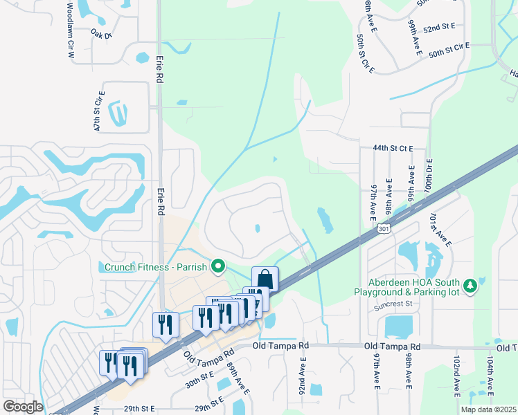 map of restaurants, bars, coffee shops, grocery stores, and more near 9022 41st Street East in Parrish