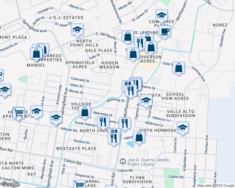 map of restaurants, bars, coffee shops, grocery stores, and more near 310 Idaho Street in Laredo