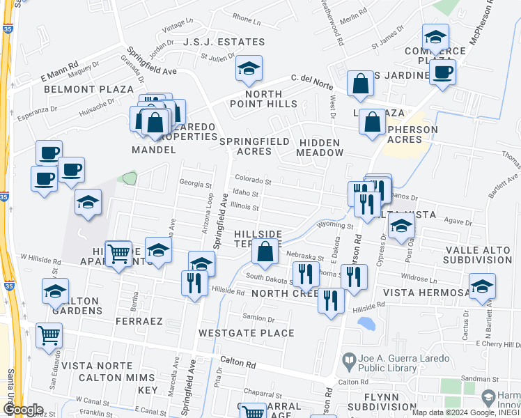 map of restaurants, bars, coffee shops, grocery stores, and more near 5649 Hawaii Circle in Laredo
