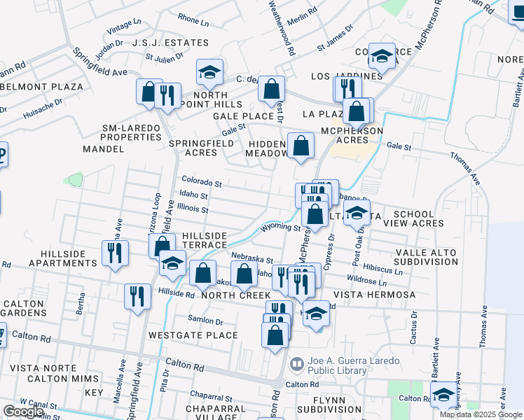 map of restaurants, bars, coffee shops, grocery stores, and more near 227 Idaho St in Laredo