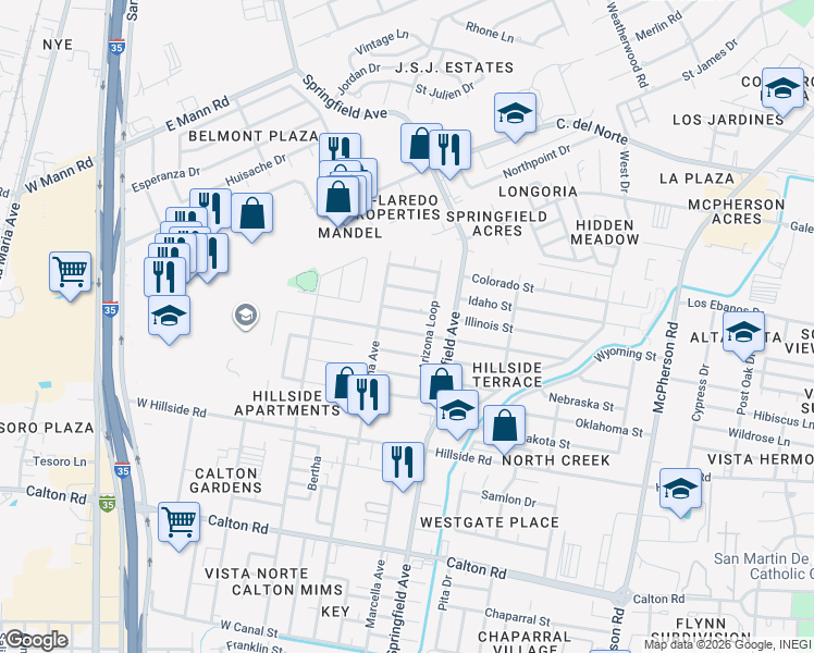 map of restaurants, bars, coffee shops, grocery stores, and more near 110 West Mayberry Street in Laredo