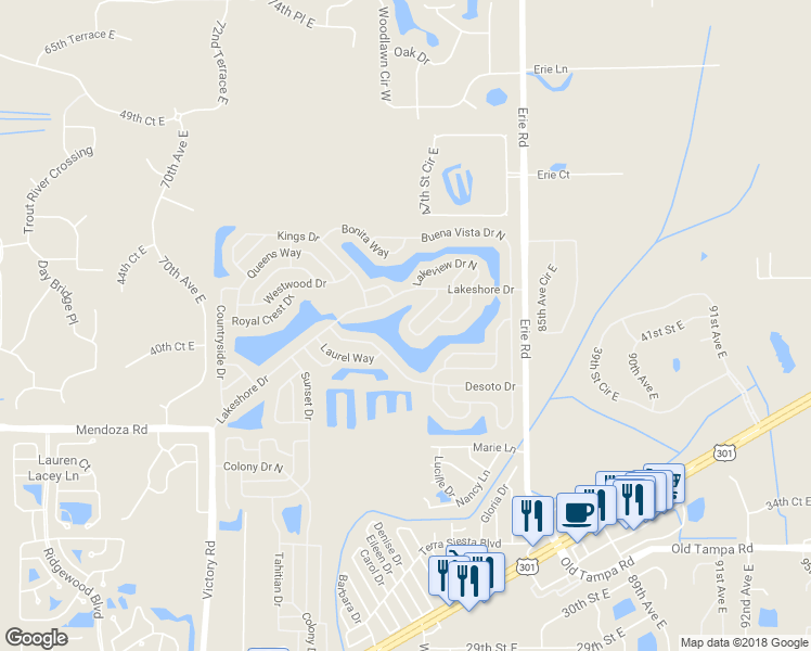 map of restaurants, bars, coffee shops, grocery stores, and more near 7419 Queens Way in Ellenton
