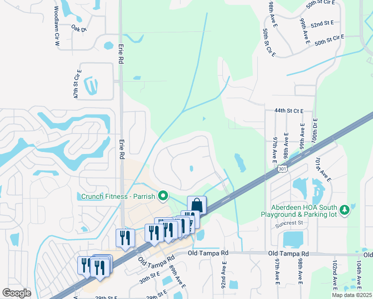 map of restaurants, bars, coffee shops, grocery stores, and more near 9022 41st Street East in Parrish