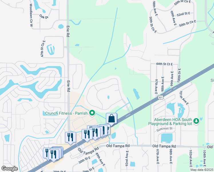 map of restaurants, bars, coffee shops, grocery stores, and more near 9026 41st Street East in Parrish