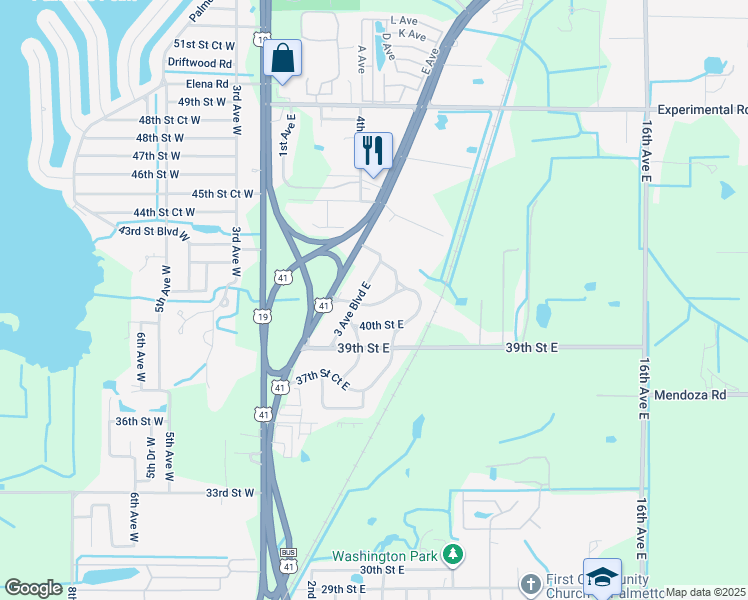 map of restaurants, bars, coffee shops, grocery stores, and more near 414 41st Street Boulevard East in Palmetto