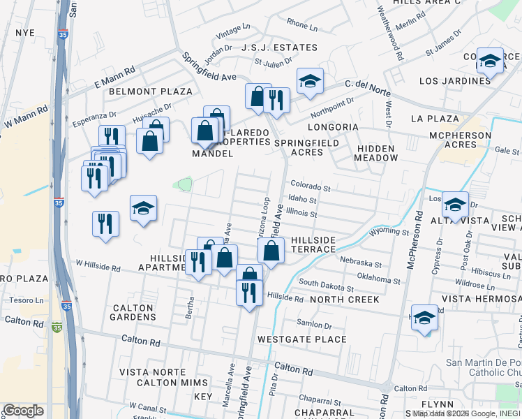map of restaurants, bars, coffee shops, grocery stores, and more near 110 West Mayberry Street in Laredo