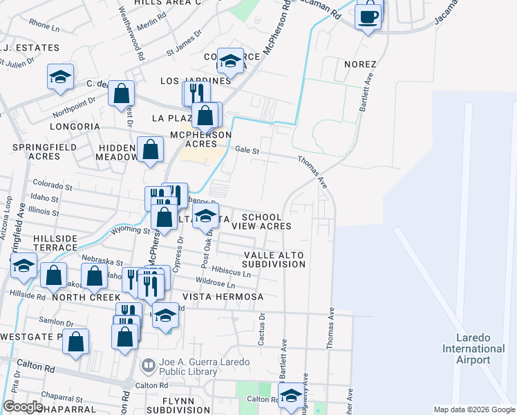 map of restaurants, bars, coffee shops, grocery stores, and more near 1440 Los Ebanos Drive in Laredo